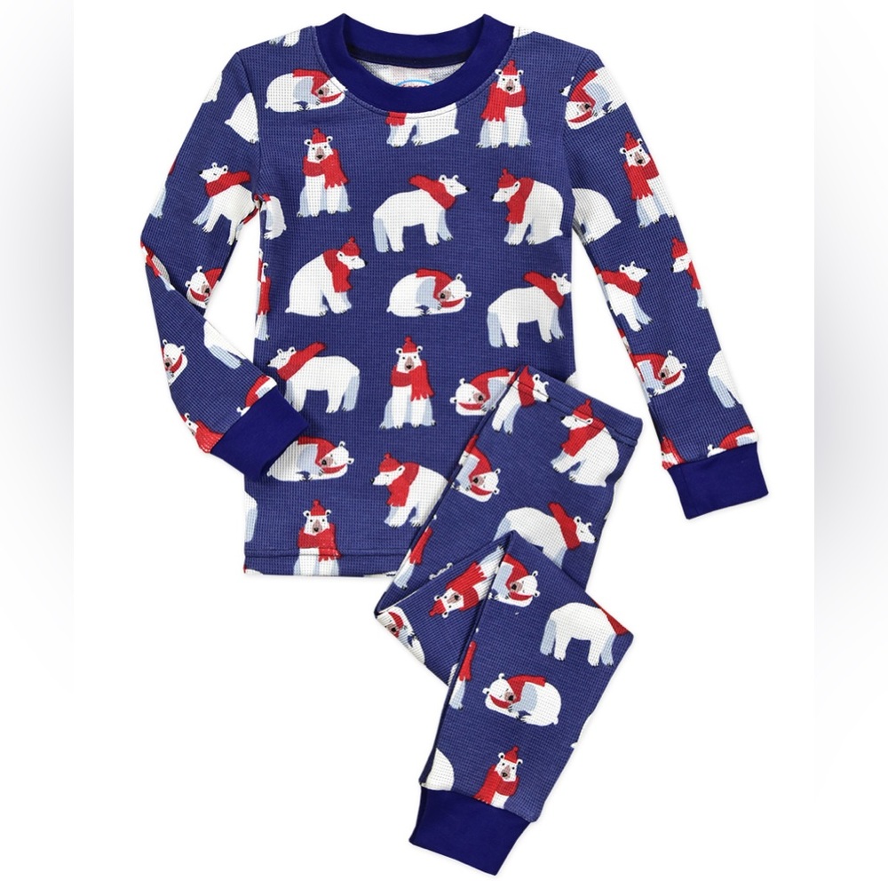 Sara’s Prints NWT Polar Bear Navy Waffle Long John Pajama Set Toddler Kids Boys
